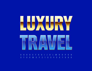 Vector stylish Sign Luxury Travel. Elegant Blue Font. Elite Alphabet Letters and Numbers.