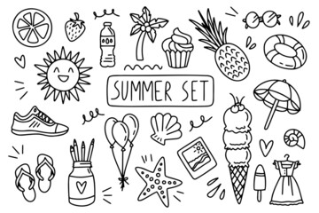 Outline doodle summer drawings. Beach sun hot for teens. Simple hand draw sketch style © Yanka