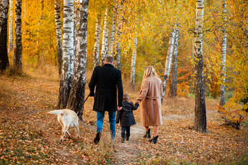 Fototapeta premium Ukrainian family walks in nature with their son and dog