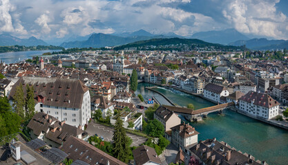 City of Luzern panoramic aerial view.  Alps and lake Luzern on background. Switzerland.