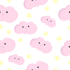 Vector seamless pattern cute pink cloud with baby face and stars