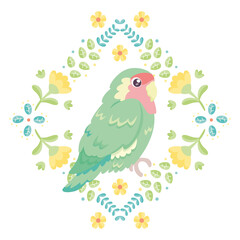 Isolated cute bird in a floral frame Vector illustration