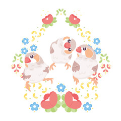 Isolated cute birds in a floral frame Vector illustration