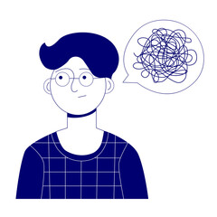 The guy is pensive and trying to decide a question. He has a picture of confused thoughts on top of him. Vector