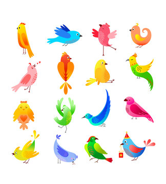 Set of 16 bright beautiful birds in vector. Cartoon collection with cute little birds family.