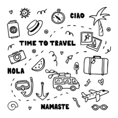 Travel set in doodle style. Words time to travel ciao hola © Christina