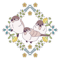 Isolated cute birds in a floral frame Vector illustration