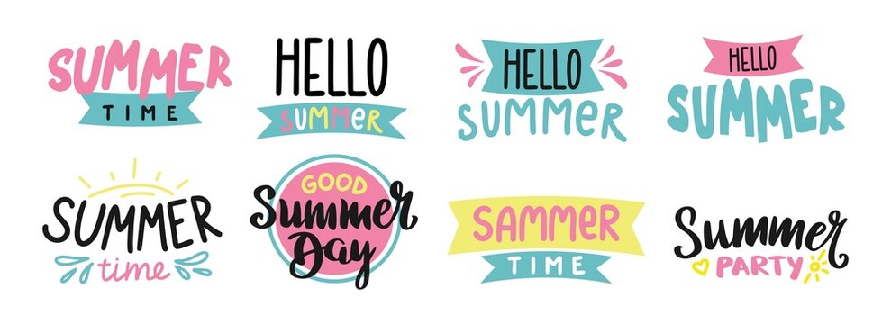 Lettering Hello Summer set on white background Summer banner greeting card Vector illustration in flat style
