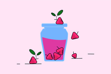 Strawberry jam minimalist vector illustration, Cute strawberries in pink glass jar vector icon