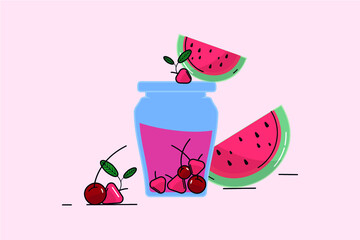 Strawberry jam and cherry drink with watermelons vector illustration