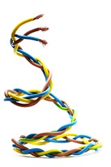 Wires used in European Single-phase electric wiring. The blue is neutral, brown is single-phase and yellow-green is the ground wire. 