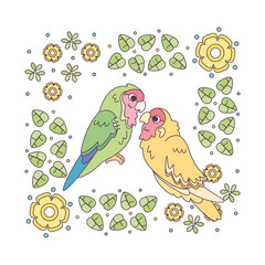 Isolated cute birds in a floral frame Vector illustration