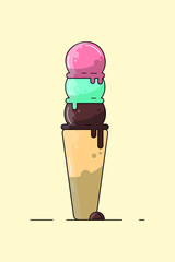 Delicious ice-cream cone vector illustration, Strawberry, mint, and chocolate ice-cream scoops on a cone, melted ice-cream logo