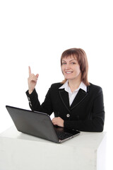 Happy woman using laptop and showing copy-space for product or advertisement text isolated on white  background