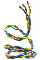 Wires used in European Single-phase electric wiring. The blue is neutral, brown is single-phase and yellow-green is the ground wire. 