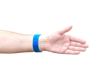 A hand outstretched for a shake on a white background. Bracelet in the colors of the European Union flag.