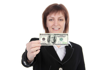 Woman holding a dollar bill - isolated over a white background