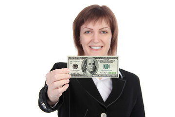 Woman holding a dollar bill - isolated over a white background