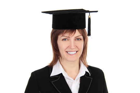 Educational theme: graduating student girl in an academic hat. Isolated over white background.