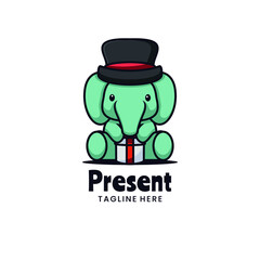 Vector Logo Illustration Elephant Present Mascot Cartoon Style.