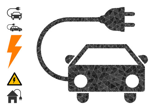 Vector triangulated electric car icon image combined of chaotic filled triangles. Triangulated electric car polygonal icon vector illustration.