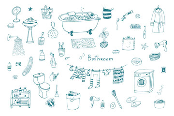 Bathroom interior objects vector illustrations set.