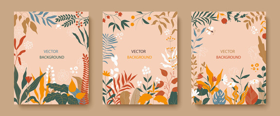 Fototapeta na wymiar Set of bright abstract cards with tropical leaves. Creative doodles of various shapes and textures. Vector illustration ideal for prints, flyers, banners, cards, invitations.