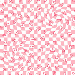 Trippy checkered seamless pattern with simple hearts. Sweet love background with distorted squares. Funky doodle vector illustration for decor and design.