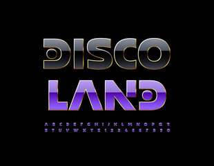 Vector stylish logo Disco Land. Unique Violet Alphabet Letters and Numbers set. Chic bright Font. - obrazy, fototapety, plakaty