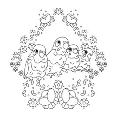 Isolated cute birds in a floral frame Vector illustration