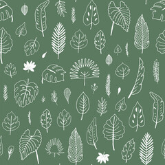 Tropical palm leaves vector line seamless pattern.