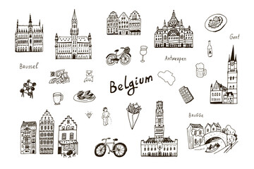 Naklejka premium Belgium traveling vector line illustrations set