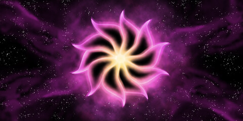 Sahasrara chakra is purple in the black starry sky.