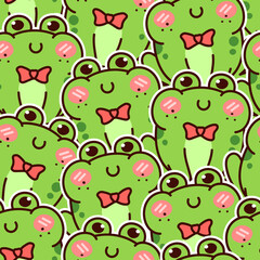 Cute green frog. Kawaii seamless pattern.
