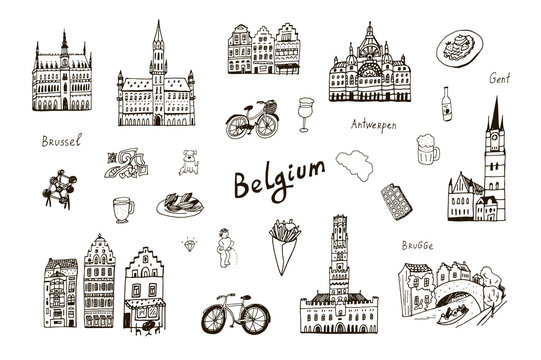 Belgium traveling vector line illustrations set