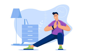 Fototapeta premium Sport at home web concept in flat design. Man doing stretching and morning fitness workout. Active sportive guy doing exercises at room. Healthy lifestyle and body care training. Vector illustration