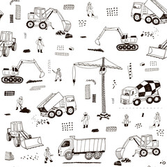 Building : construction crane truck concrete mixer builders vector seamless pattern - 506928333