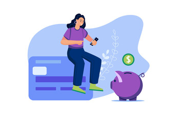 Online banking web concept in flat design. Happy woman uses mobile application for financial account, money transfer, payments from her credit card and savings in piggy bank. Vector illustration