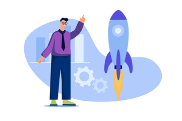 Startup web concept in flat design. Businessman launches rocket and starts new business. Man creates new idea, analyzes data, plans, invests money and develops successful company. Vector illustration