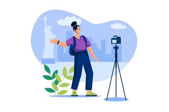 Video blogging web concept in flat design. Happy woman recording vacation vlog with professional camera. Blogger creates content for her travel blog and streams for subscribers. Vector illustration