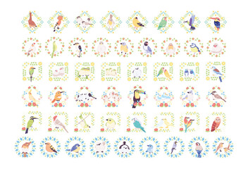 Fototapeta na wymiar Set of cute birds in a florar frames Vector illustration