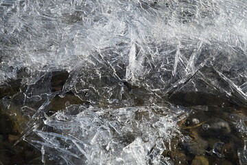 Frozen ice on the lake. Unusual background.