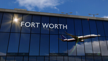 Airplane landing at Fort Worth, Dallas Texas, USA airport mirrored in terminal