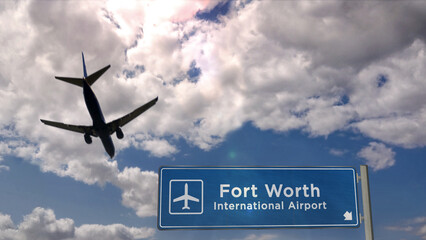 Plane landing in Fort Worth, Dallas Texas, USA airport with signboard