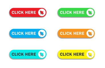 Click here button with arrow pointer clicking icon. Web button. Flat vector illustration.