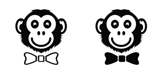 Monkey with bow-tie or bowtie, tie or necktie. Monkeypox or monkey pox viral disease pictogram or logo. Virus outbreak pandemic. Disease spread, symptoms or precautions icon. Monky, ape head or face.