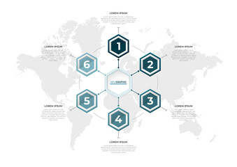 Fototapeta na wymiar Modern infographic presentation in 6 steps with world map. Creative hexagonal infographic concept.