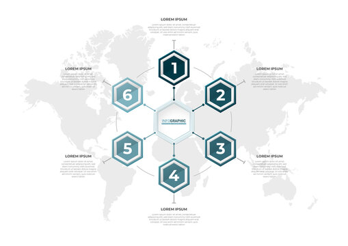 Modern infographic presentation in 6 steps with world map. Creative hexagonal infographic concept.