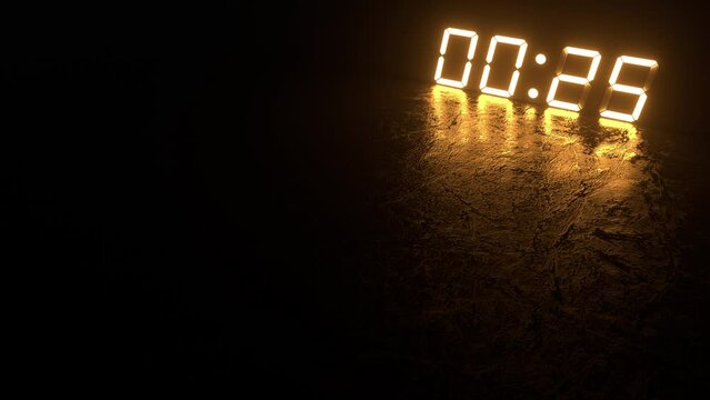 Neon or led light timer. Countdown from 30 seconds to zero. Bright electronic digits with reflection on the ground. New Years midnight or intro animation with black background. Digital clock
