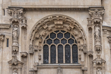 Architectural fragments of Paris Saint-Eustache church (Eglise Saint Eustache, 1532 - 1637). Saint-Eustache church located in Les Halles area of Paris. UNESCO World Heritage Site. Paris, France.